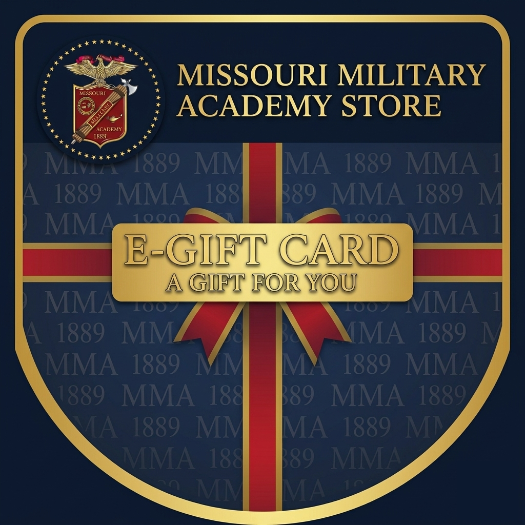 Missouri Military Academy Store e-gift card design with crest logo and text MMA 1889 background wrapped in a red ribbon