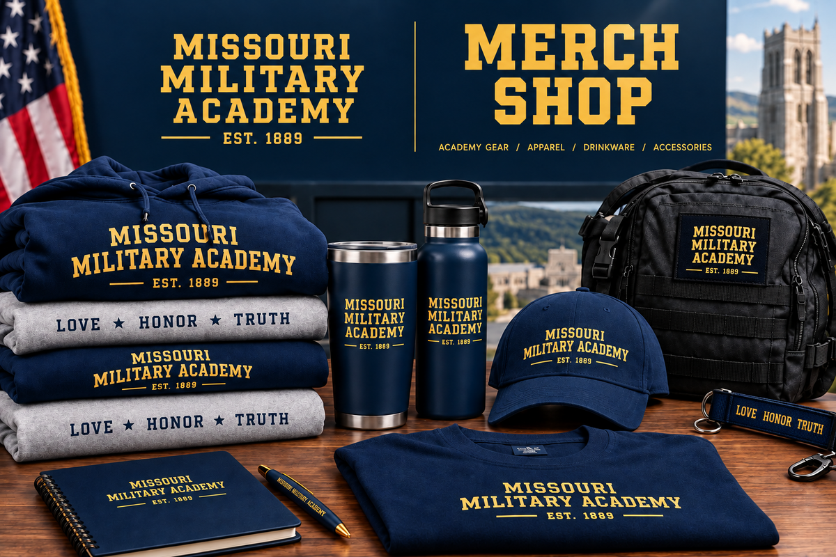 Various merchandise with banner and school name and slogan