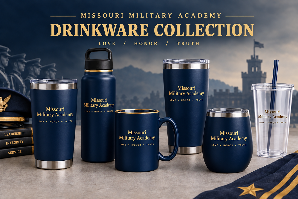 Various drinkware with the school name and slogan applied to them against a shadowed background of cadets and a military building