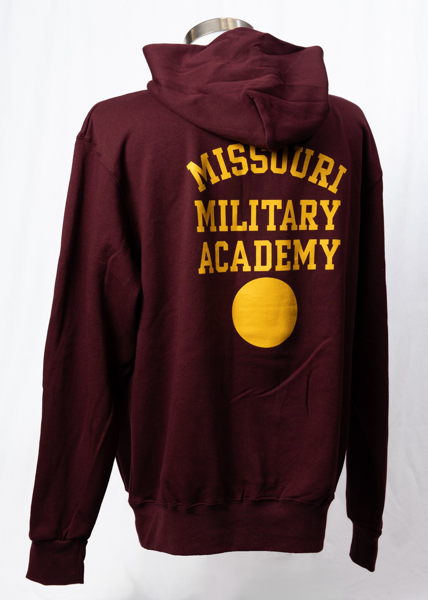 A maroon hoodie with 'Missouri Military Academy' printed in yellow on the back.